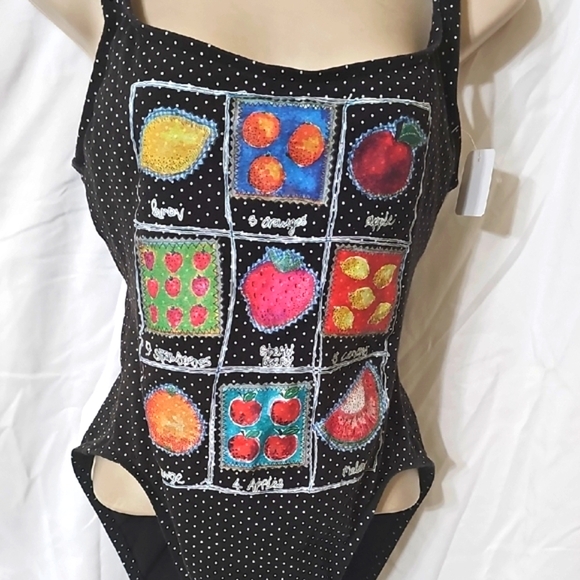 Black Polka Dot Fruit Print Women's Swimsuit - Picture 4 of 9